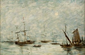 Veneitä ankkuroituna satamaan (öljy kankaalle) tekijältä Eugene Louis (attr.to) Boudin