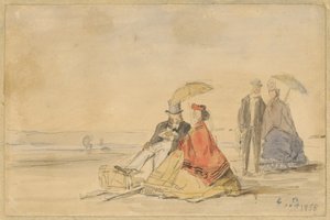 Pari istuu ja pari kävelee rannalla, 1865. tekijältä Eugene Louis Boudin