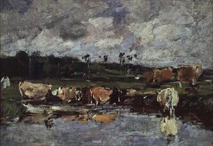 Eläimiä lammessa. noin 1881-88 tekijältä Eugene Louis Boudin