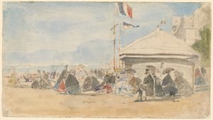 Beach House lipuilla Trouvillessa, n. 1865. tekijältä Eugene Louis Boudin