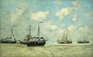 Veneitä Scheveningenin rannalla; Scheveningen, Laivat juuttuneet Greveen, 1875 tekijältä Eugene Louis Boudin