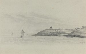 Rannikkomaisema merenkulun kanssa, tuulimylly kaukana, c. 1858. tekijältä Eugene Louis Boudin