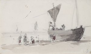 Kalastusvene rannalla (kynä ja wc paperilla) tekijältä Eugene Louis Boudin