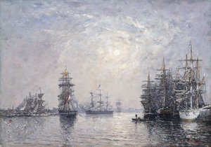 Le Havre, Eure Basin, purjeveneet ankkurissa, auringonlasku; Le Havre, Eure Basin, Purjeveneet ankkurissa, Laskeva aurinko, 1870 tekijältä Eugene Louis Boudin