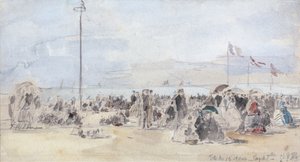 People on the Beach, Trouville, 1866 (wc ja grafiitti paperille) tekijältä Eugene Louis Boudin