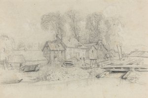 Jokimaisema rakennuksilla, veneillä ja hahmoilla, c. 1858. tekijältä Eugene Louis Boudin