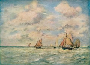 Veneiden uloskäynti Trouvillessa 1800-luvulla tekijältä Eugene Louis Boudin