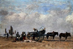 The Fish Cart, Berck, n. 1880 (öljy kankaalle asetettu paneeliin) tekijältä Eugene Louis Boudin