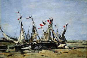 Trouville (Ranska), vuoroveden tuloa odotellessa, kalastusveneet rannalla, koristeltu Ranskan lipuilla, Ranskan vuoden 1789 vallankumouksen muistoksi. tekijältä Eugene Louis Boudin
