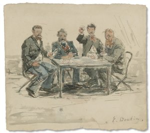 Saint-Siméonin tilalla (Jongkind, Émile van Marcke, Claude Monet ja "Father Achard"), n. 1867 (akvarelli ja kynä paperille) tekijältä Eugene Louis Boudin