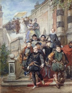 Kuninkaallinen kulkue laskeutumassa portaita pitkin puutarhassa, 1869 tekijältä Eugene Louis Lami