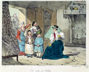 Vierailu kylässä. Rikas nainen vierailee köyhän perheen luona. Kuvitus kirjasta "La vie de chateau". Kaiverrus: Eugene Louis Lami (1800-1890) tekijältä Eugene Louis Lami