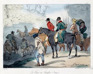 Villisian metsästys. Kuvitus kirjasta "La vie de chateau". Kaiverrus: Eugene Louis Lami (1800-1890) tekijältä Eugene Louis Lami