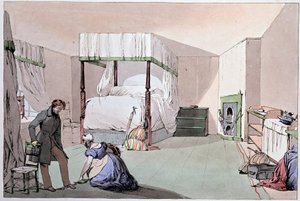 Hostelli: palvelija, joka auttaa asiakasta pukemaan kenkiä jalkaan. Kuvitus: Eugene Louis Lami (1800-1890), 1800-luvun puoliväli tekijältä Eugene Louis Lami