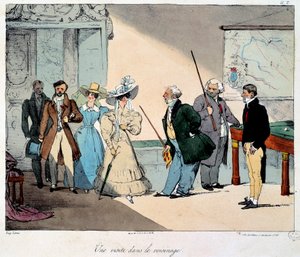 Elämä linnassa: vierailu naapurustossa. Litografia Eugene Louis Lamin (1800-1890) piirroksesta 1828 Paris, Musee Carnavalet tekijältä Eugene Louis Lami