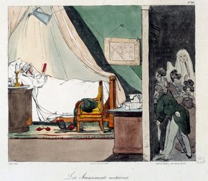 Yön hauskaa. Lapset pelkäävät pelästyttää sängyssä lukevaa henkilöä. Kuvitus kirjasta "La vie de chateau". Kaiverrus: Eugene Louis Lami (1800-1890) tekijältä Eugene Louis Lami