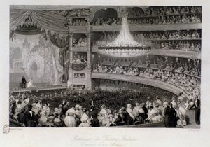 Näyttelijän aplodit esityksen aikana Theater des Italiansissa Pariisissa. Kaiverrus Eugene Louis Lami (1800-1890) 1843 Yksityinen kokoelma tekijältä Eugene Louis Lami