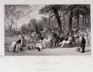 Matkustajat ja kävelijät Champs Elysees -kadulla (Champs-Elysees) Pariisissa. Kaiverrus Eugene Louis Lami (1800-1890) 1841 Yksityinen kokoelma tekijältä Eugene Louis Lami