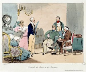 Kirjeiden ja sanomalehtien saapuminen. Kuvitus kirjasta "La vie de chateau". Kaiverrus: Eugene Louis Lami (1800-1890) tekijältä Eugene Louis Lami