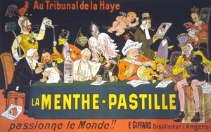 Sarjakuvajuliste Haagin rauhankonferenssista vuonna 1899: "" Haagin tuomioistuimessa minttu-pastilja - kiihottaa maailmaa!" Kirjailija: Eugène Ogé (1861-1936)
