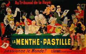 La Menthe-Pastille -juliste, joka viittaa vuoden 1899 ensimmäiseen Haagin rauhankonferenssiin (värilitho)