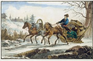 Hevosreki, jossa suoja matkustajille. (Troika Kibitka). Eugene Pluchardin (1809-1880) työ, litografia ja akvarelli