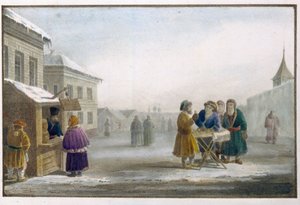 Kiertelevä tupakkakauppias tupakkakaupan edessä Venäjällä. Eugene Pluchartin (1809-1880) työ, litografia ja akvarelli