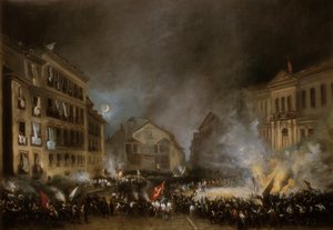 Vuoden 1854 vallankumouksen jakso Madridin Puerta del Solissa. Eugenio LUCAS VELAZQUEZin maalaus