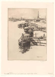 Laituri omnibus-veneineen Pariisissa Eiffel-tornin taustalla tekijältä Eugène Bejot (signed by artist)