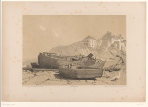 Kallioinen rannikko veneineen ja kalastajakylä tekijältä Eugène Cicéri (attributed to)