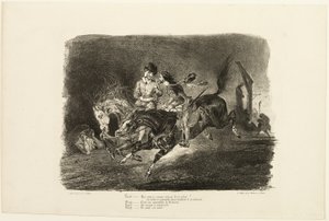 Faust ja Mefistofeles ratsastavat läpi noitasabatin yön, elokuvasta Faust tekijältä Eugène Delacroix