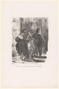 Faust probeert Grietje te verleiden Faust: Kaunis nuori neiti, uskaltaisinko tarjota sinulle käteni ja ajaa sinut kotiin? (otsikko esineessä) Faust (sarjan nimi) Faust, M. de Goethen tragedia (sarjan nimi) tekijältä Eugène Delacroix