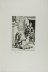 Hamlet yrittää tappaa kuninkaan, laatta 8 Hamletista. tekijältä Eugène Delacroix
