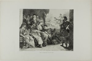 Hamlet panee näyttelijät esittämään isänsä myrkyttämisen, laatta 7 Hamletista. tekijältä Eugène Delacroix