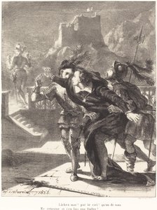 Hamlet haluaa seurata isänsä henkeä (näytös I, kohtaus IV) tekijältä Eugène Delacroix