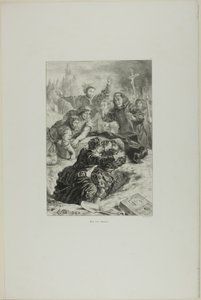 Hamlet ja Laertes Ofelian haudalla, laatta 15 Hamletista. tekijältä Eugène Delacroix