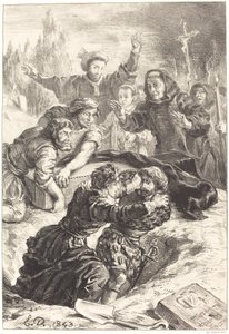 Hamlet ja Laertes Ophelian haudassa (V näytös, kohtaus I) tekijältä Eugène Delacroix