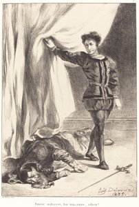 Hamlet ja Poloniuksen ruumis (näytös III, kohtaus IV) tekijältä Eugène Delacroix