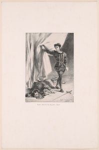 Hamlet ja Poloniuksen ruumis, laatta 11 Hamletista. tekijältä Eugène Delacroix