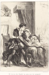 Hamlet ja kuningatar (näytös III, kohtaus IV) tekijältä Eugène Delacroix
