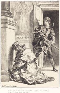 Hamlet on kiusattu tappamaan kuningas, näytös III, kohtaus III, 18341843. tekijältä Eugène Delacroix