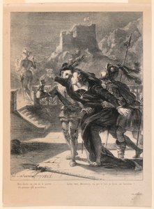 Kuvitus Hamletille: Hamlet yrittää seurata isänsä henkeä (I,4) tekijältä Eugène Delacroix