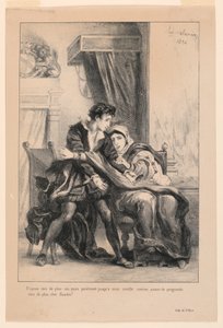 Kuvitus Hamletille: Hamlet ja kuningatar (III,4) tekijältä Eugène Delacroix