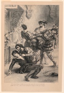 Kuvitus Hamletille: Hamletin kuolema (V,2) tekijältä Eugène Delacroix