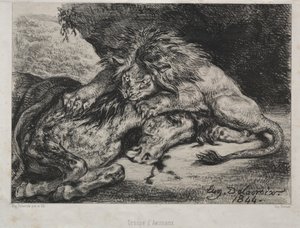 Leijona syö hevosta tekijältä Eugène Delacroix