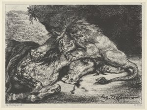 Leijona syö hevosen, 1844, 1844. tekijältä Eugène Delacroix