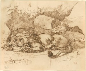 Leijona syö jäniä tekijältä Eugène Delacroix