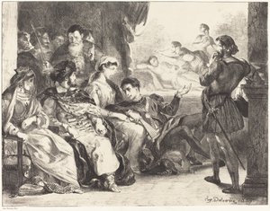 Pelaajat esittävät Hamletin isän myrkytyksen (näytös III, kohtaus II) tekijältä Eugène Delacroix