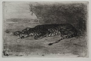 Tiikeri nukkuu pesänsä sisäänkäynnissä tekijältä Eugène Delacroix