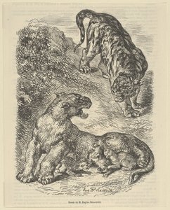Tiikeri hyökkäsi tiikeriin imettäessään poikaansa, 1853, 1853. tekijältä Eugène Delacroix